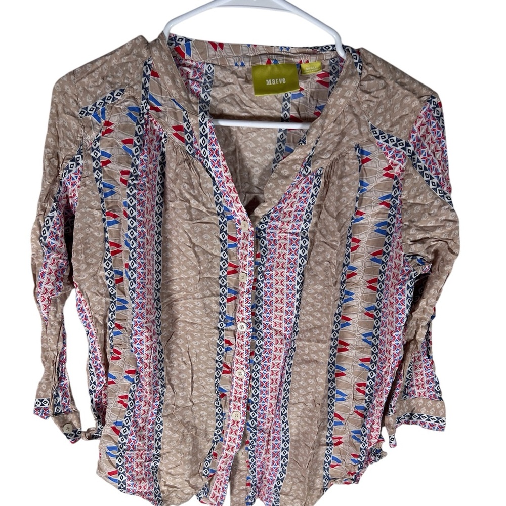 Anthropology Maeve Pink and Blue Button Down Shirt with Notched Collar